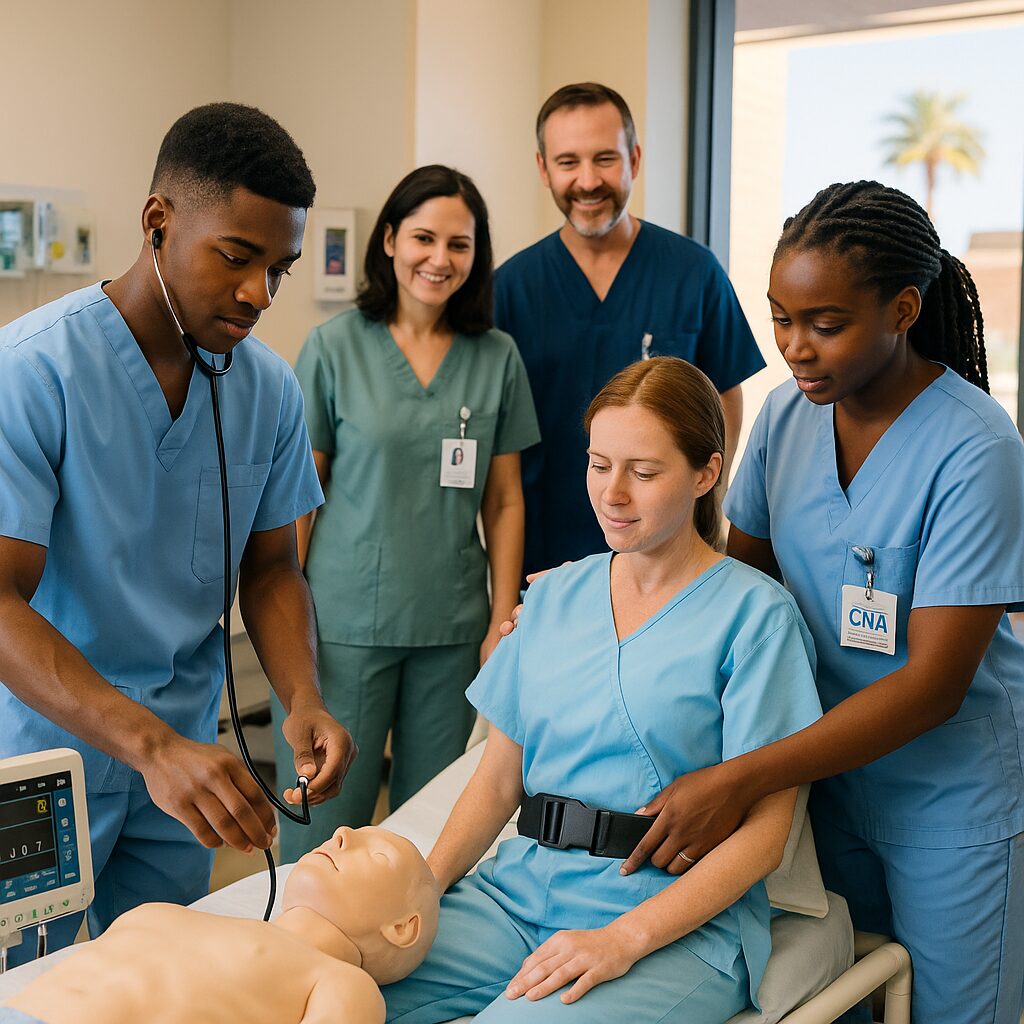 A diverse group of Certified Nursing Assistant (CNA) students