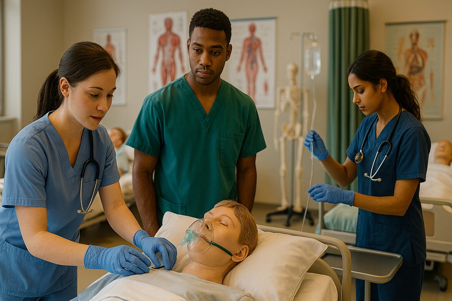 Nursing students practise IV insertion and airway management on high-fidelity manikins under an instructor’s guidance.