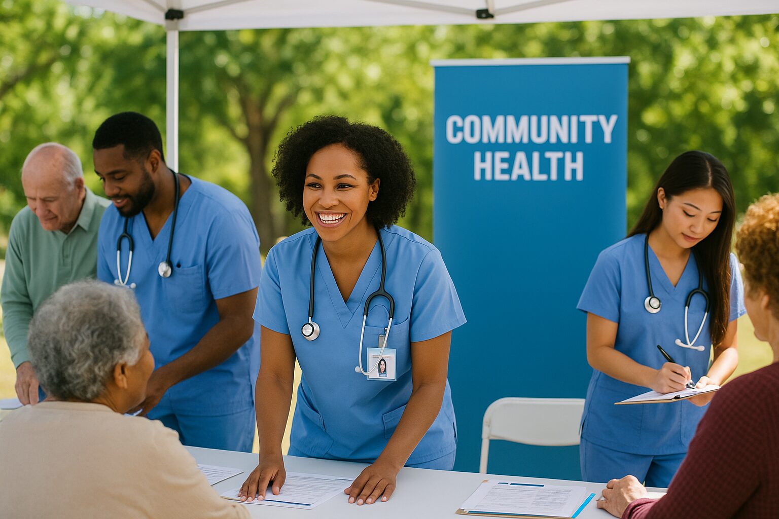 Nurses run a preventive-care booth at an outdoor fair, providing blood-pressure checks and advice to a diverse public.