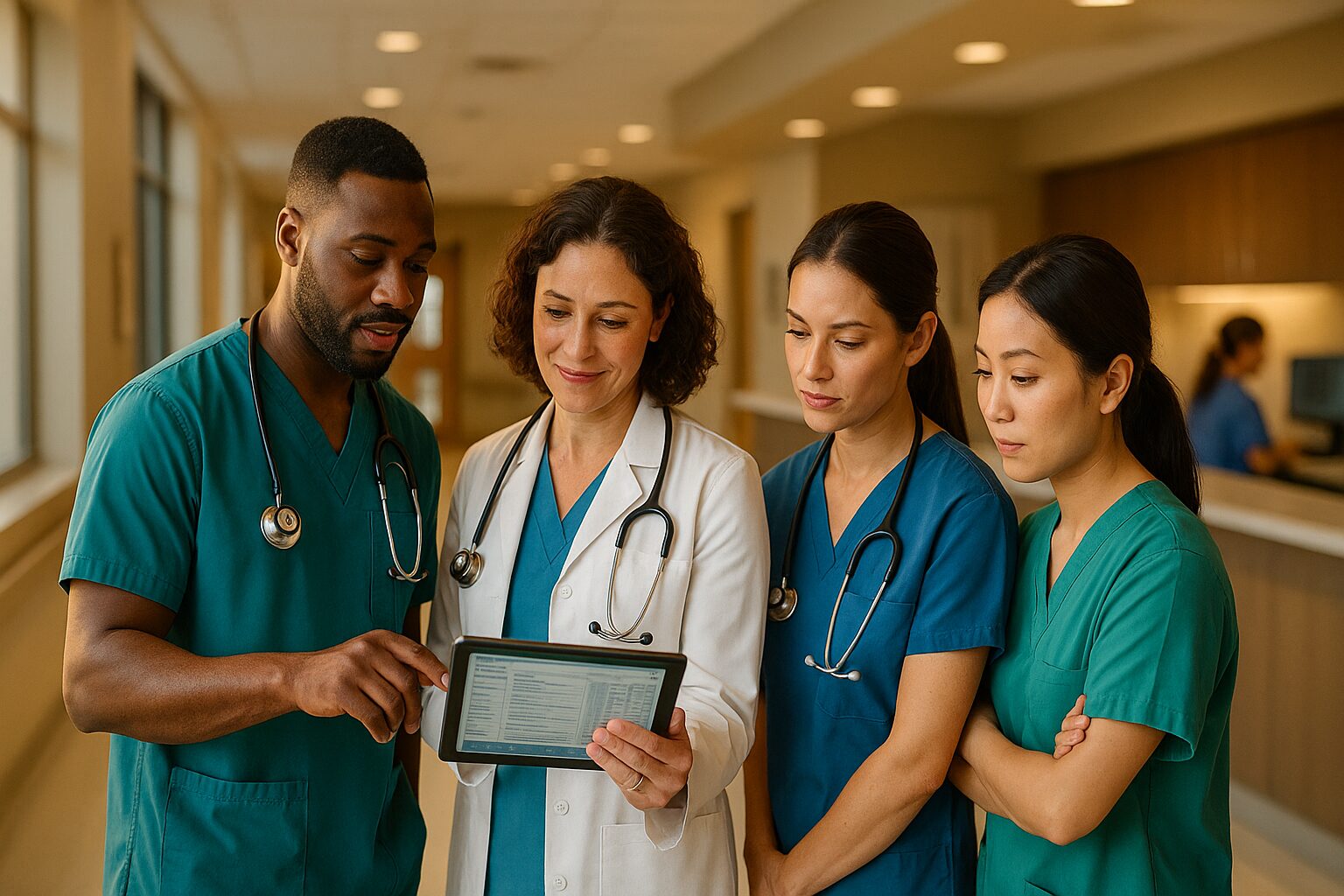 A diverse group of nurses in different uniforms collaborate around a tablet in a sun-lit corridor.