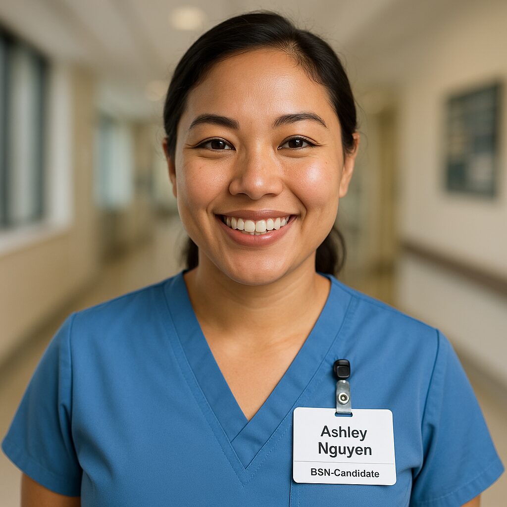 focused portrait of a confident “BSN Candidate” nurse