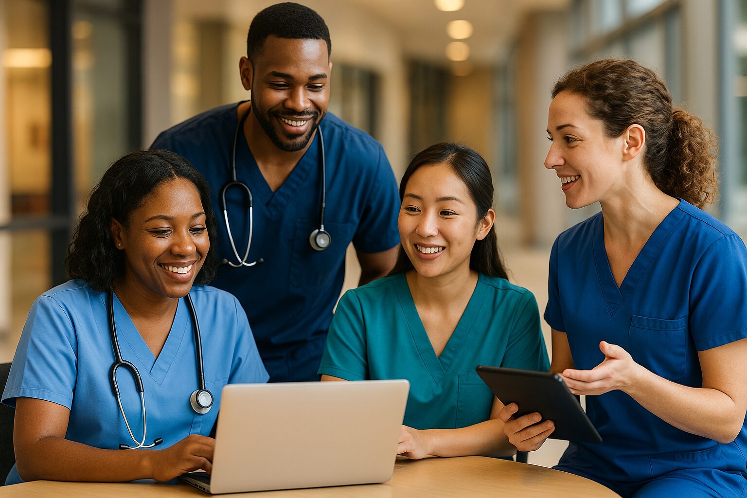 group of Indiana nurses in scrubs some looking at laptops