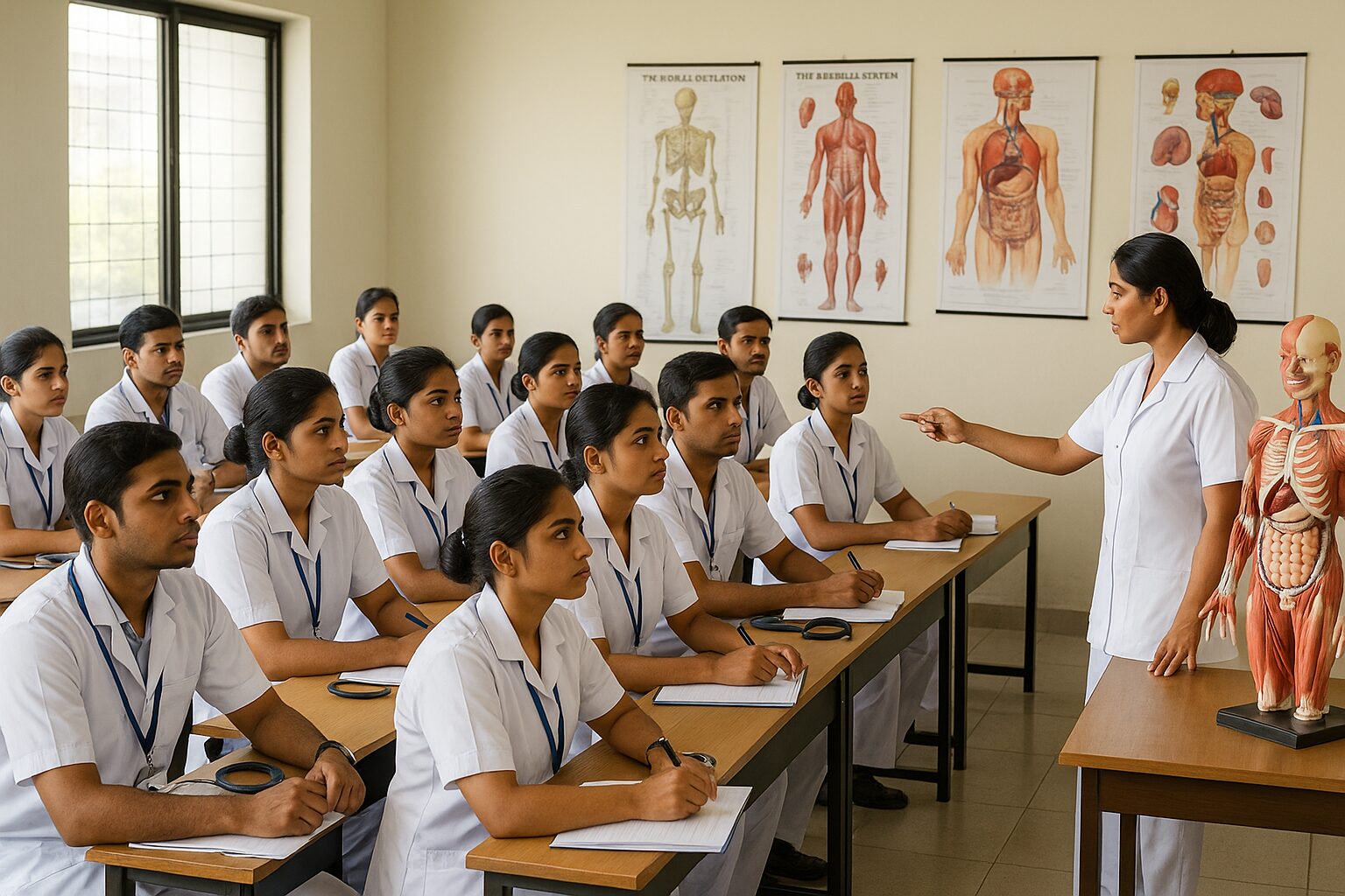 a realistic scene of Indian nursing students fully engaged in a nursing-college classroom