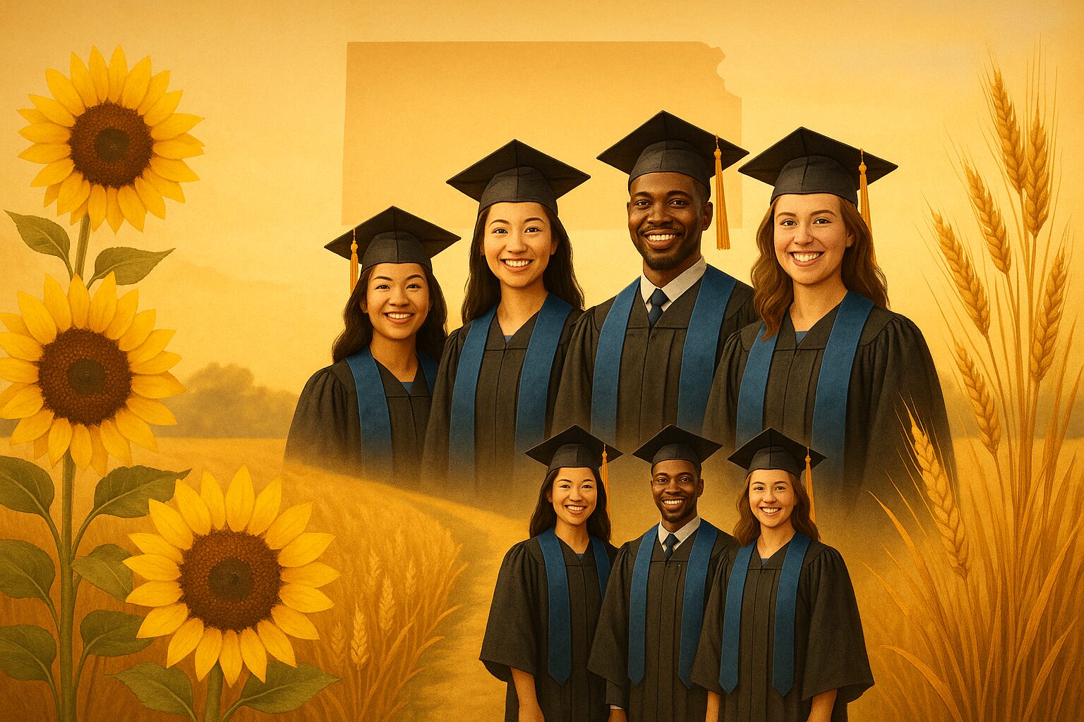 sunflower-lined pathway leading to a proud group of BSN-graduate nurses