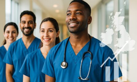 A diverse group of confident and compassionate nurses (male and female, various ethnicities) in modern, well-lit UK hospital or clinic settings
