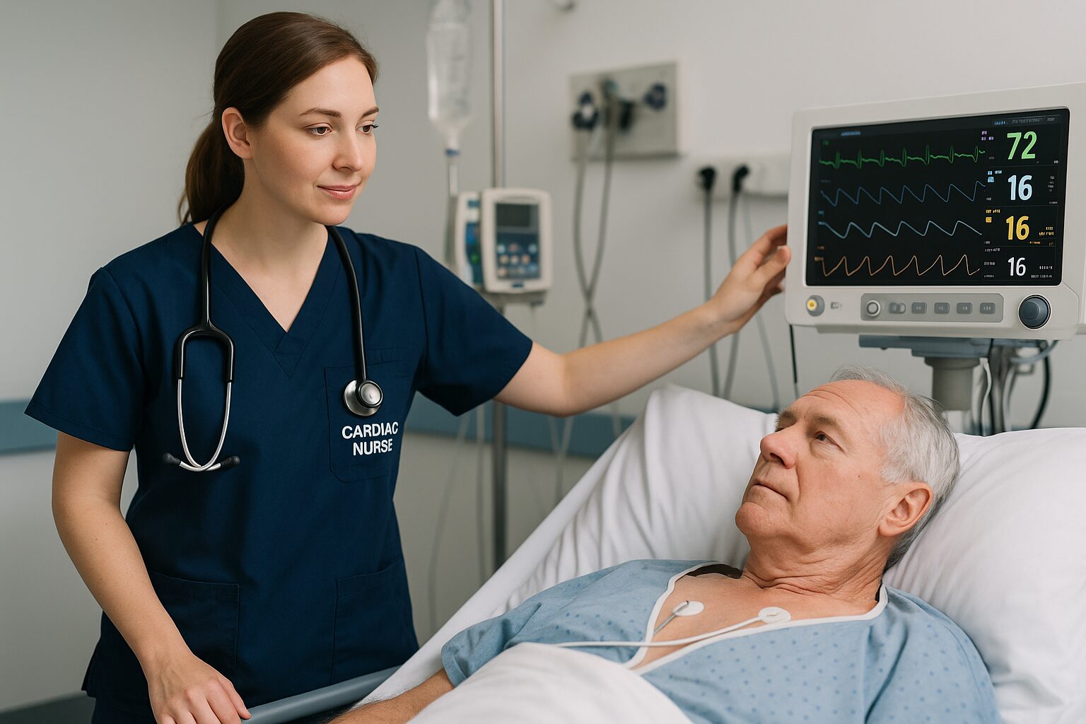 A Cardiac Nurse monitoring a patient with heart conditions using modern medical equipment