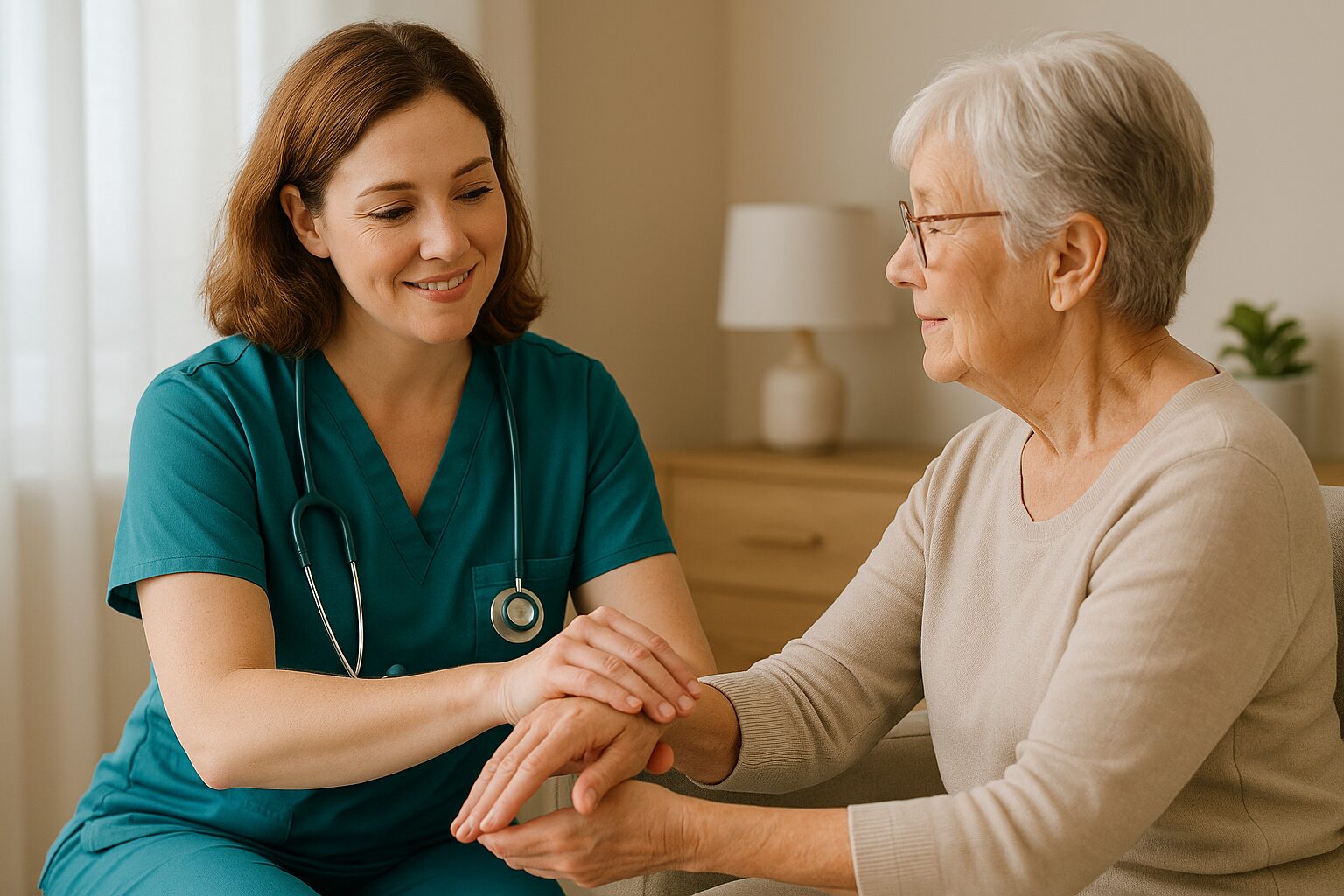 A Pain Management Nurse gently interacting with a patient A Pain Management Nurse gently interacting with a patient