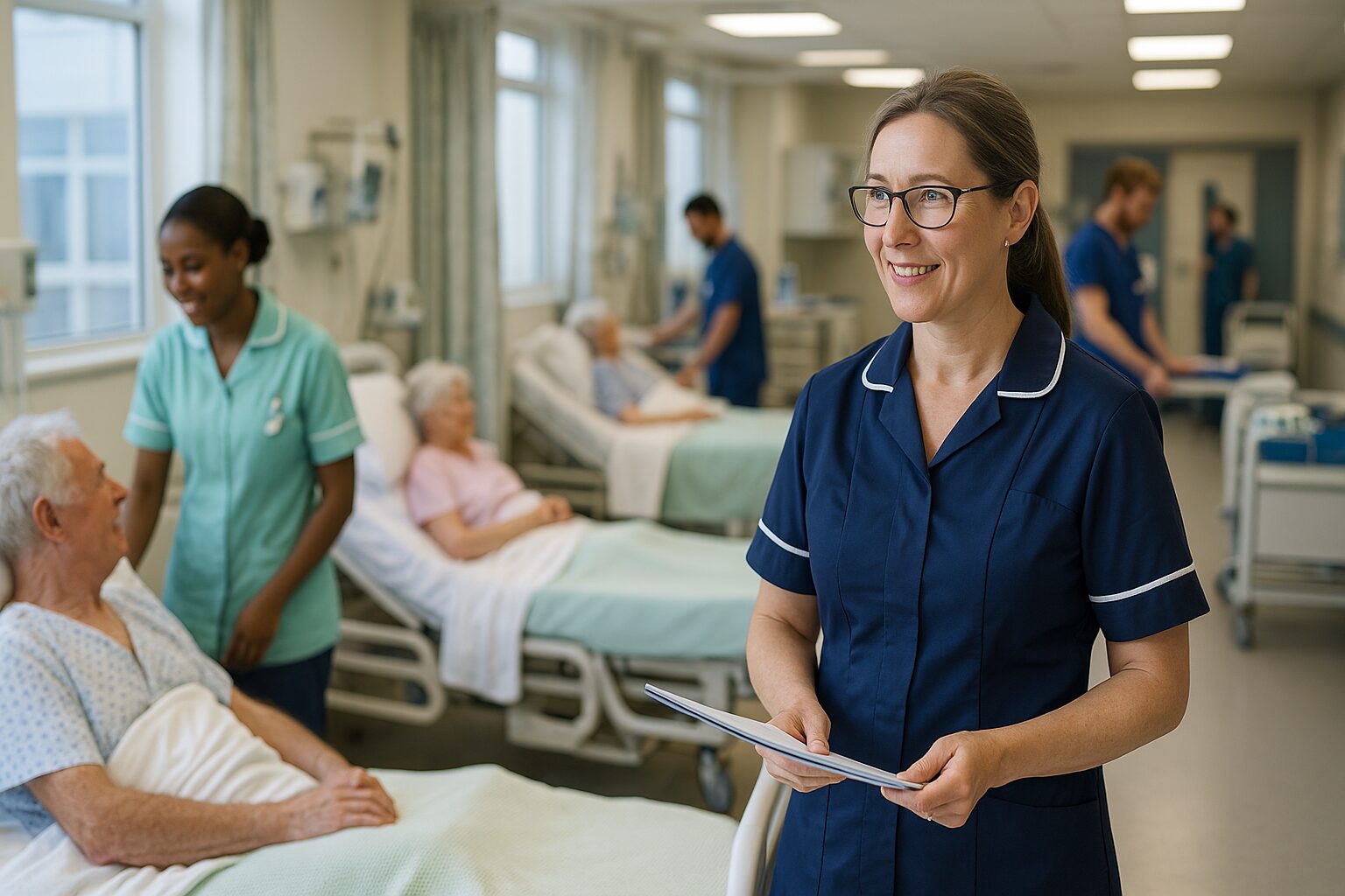 A Ward Manager or Matron overseeing a busy but organized hospital ward