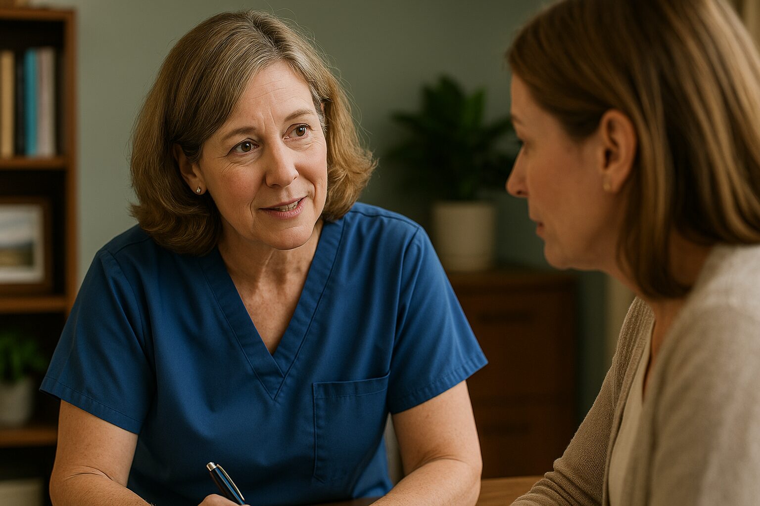 Clinical Nurse Specialist A Clinical Nurse Specialist (e.g., Oncology CNS, Diabetes CNS) providing specialized, one-on-one consultation to a patient or family member in a calm