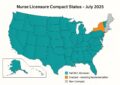 Map of Nurse Licensure Compact states as of July 2025. The map shows states that are full members of the NLC, states awaiting implementation like Connecticut and Massachusetts, and non-compact states.