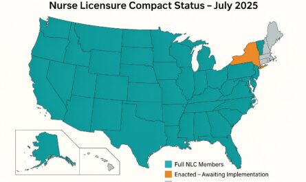 Map of Nurse Licensure Compact states as of July 2025. The map shows states that are full members of the NLC, states awaiting implementation like Connecticut and Massachusetts, and non-compact states.
